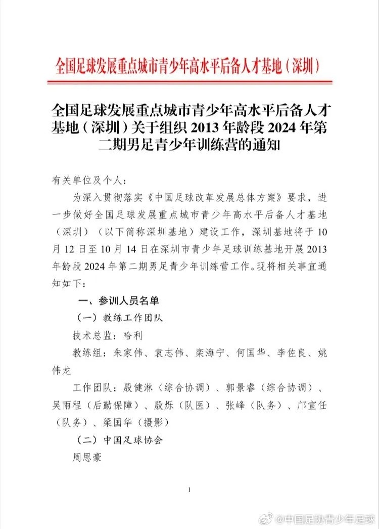 深圳基地关于组织2013年龄段2024年第二期男足青少年训练营的通知